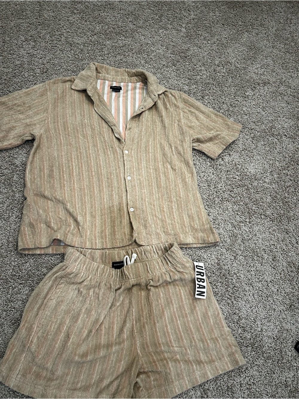 Men's Beige Striped Short Sleeve Button-Down Shirt and Shorts for summer NWT